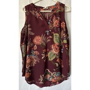 Maurices Womens Top XL Sleeveless Flowy Maroon Tropical Floral Sheer Lightweight